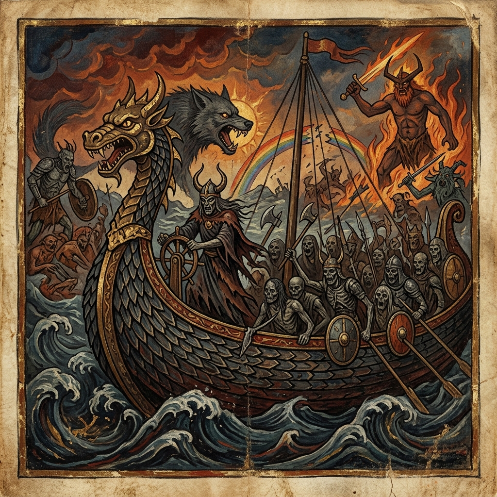 Historische Darstellung des Naglfar, dem Totenschiff der nordischen Mythologie, das beim Ragnarök erscheint