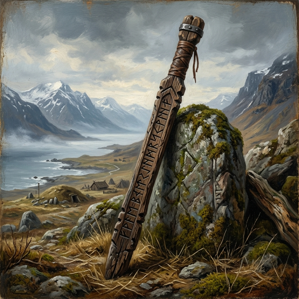Wikinger-Runenstab aus Holz mit eingeritzten Runen der nordischen Schrift