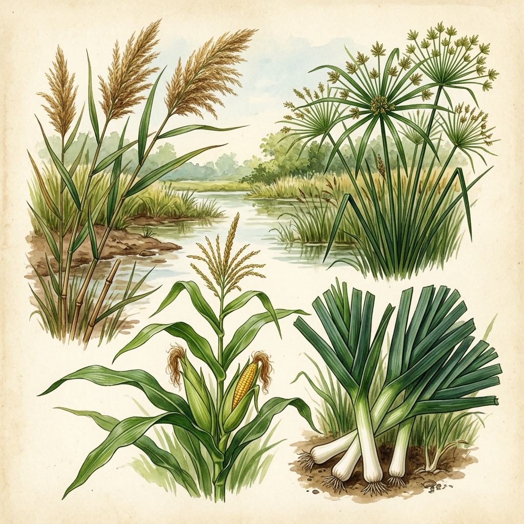 Pflanzen als Papyrus-Ersatz: Schilf, Zyperngras, Mais- und Lauchblätter in einer Illustration