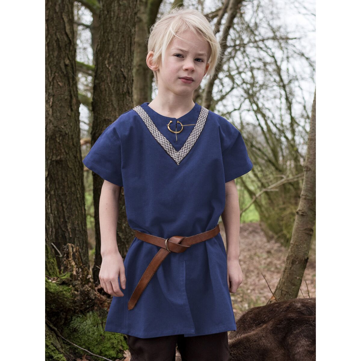 Kinder Mittelalter-Tunika Ailrik mit Bordüre, kurzarm, blau Gr. 146