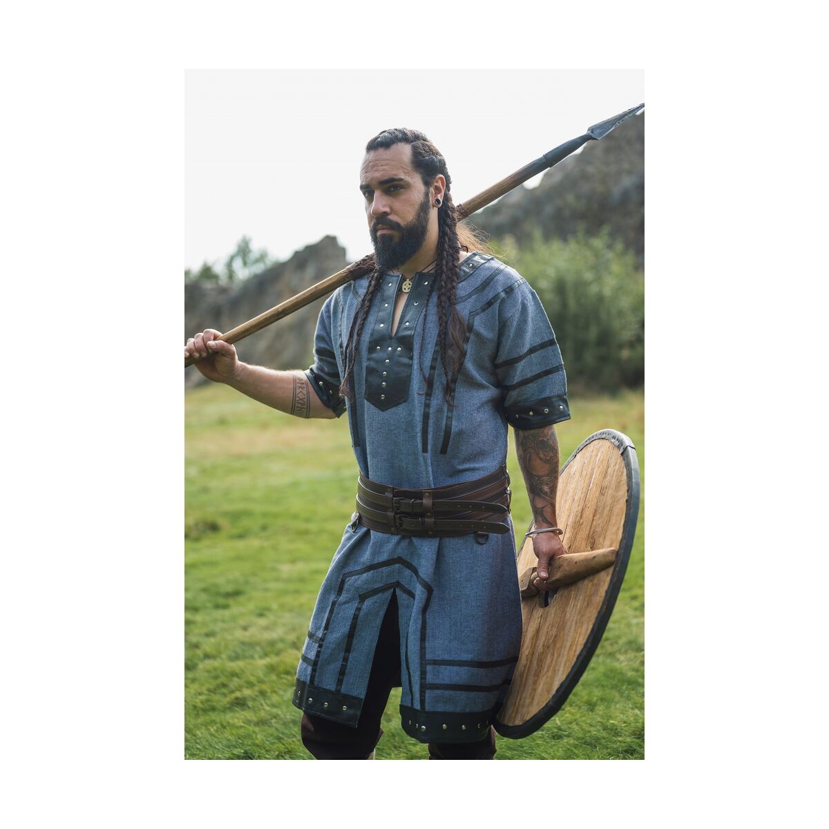 Wikinger Kurzarm Tunika mit Echtleder Applikationen - blaugrau M