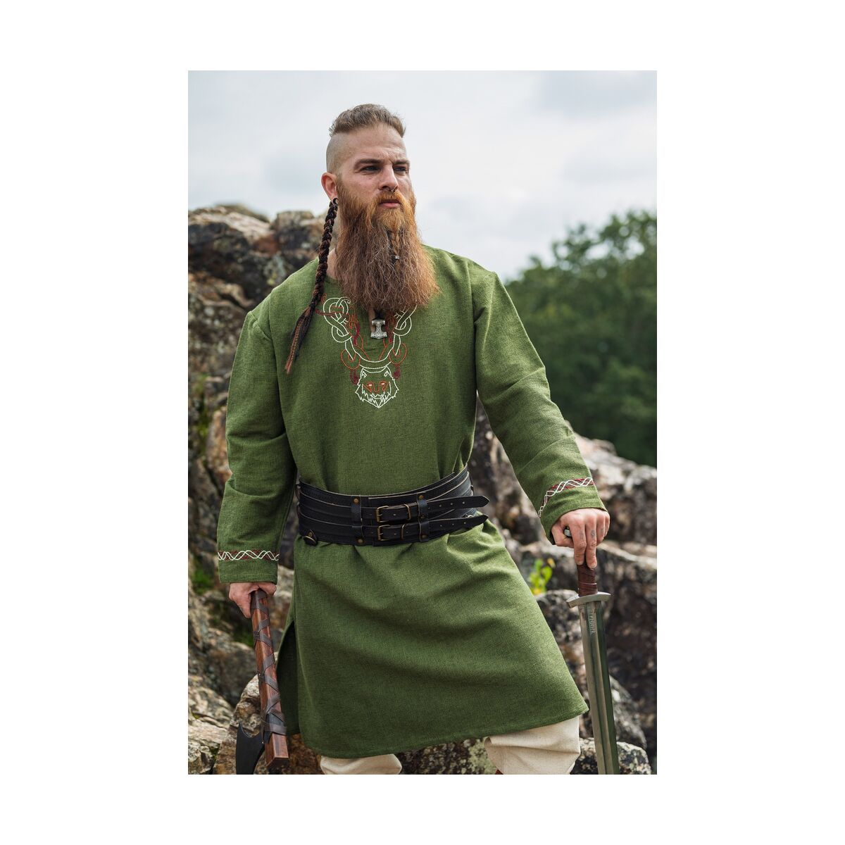 Wikinger Tunika mit Stickereien - Grün XL