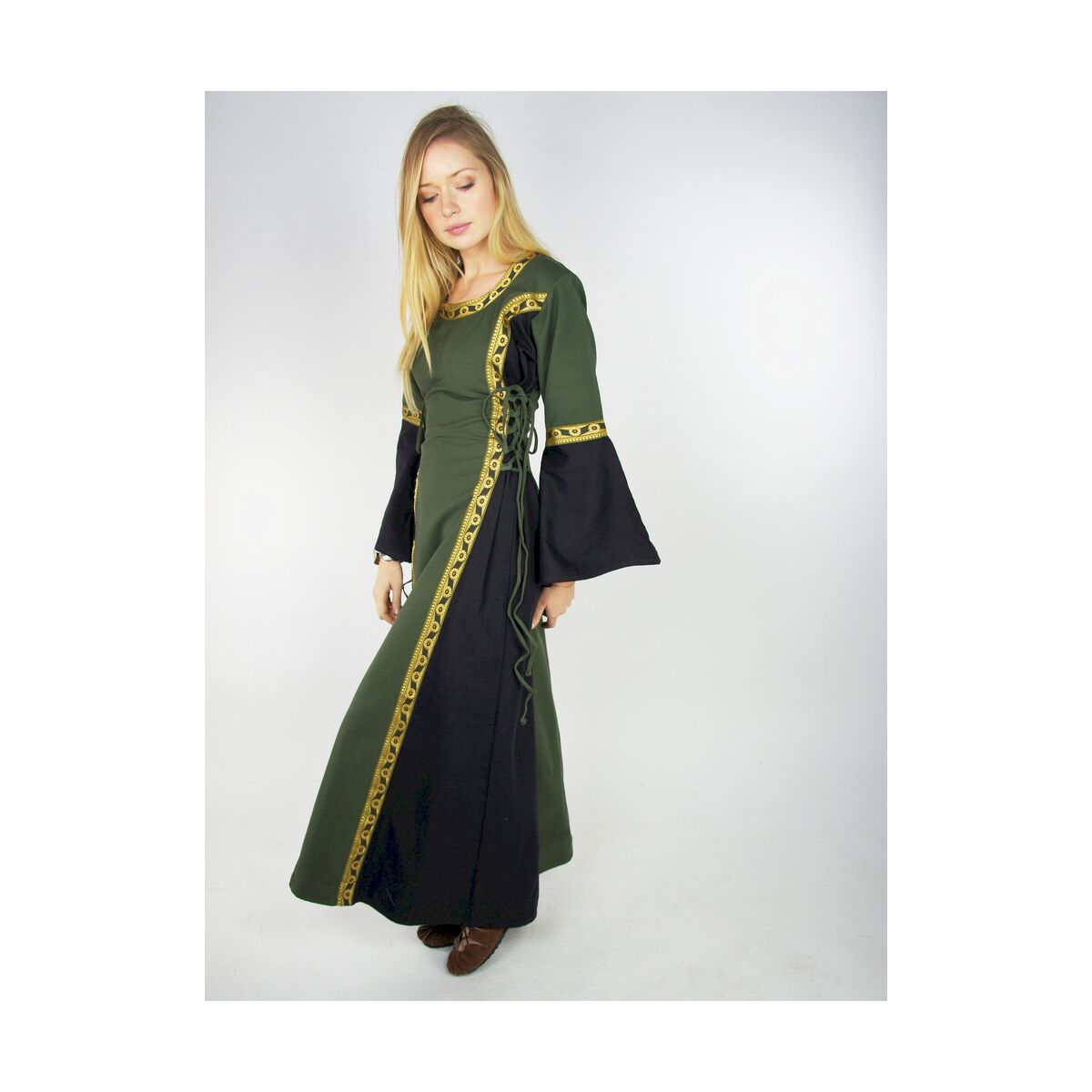 Mittelalterliches Kleid mit Bordüre "Sophie" - Grün/Schwarz XS