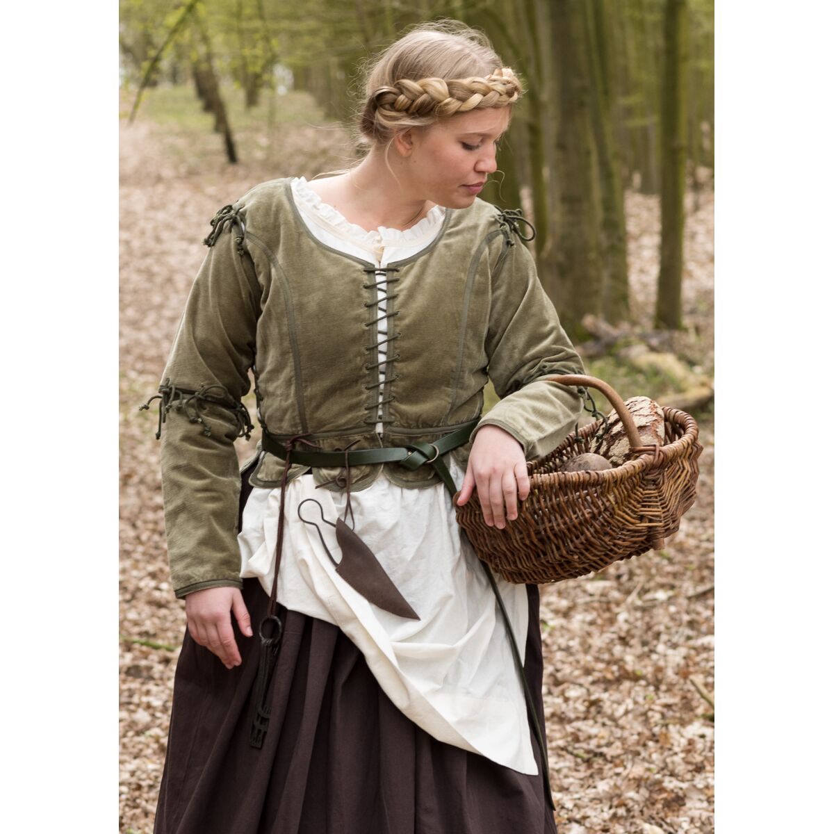 Mittelalterliche Miederjacke Griselda aus Samt, grün, Gr. M