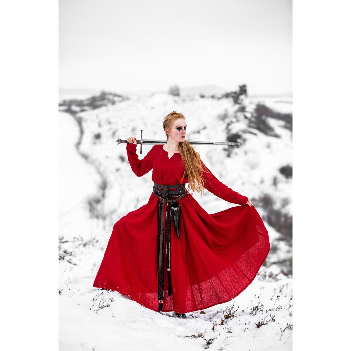 Wikinger Kleid 100% Leinen Rot "Anna" M