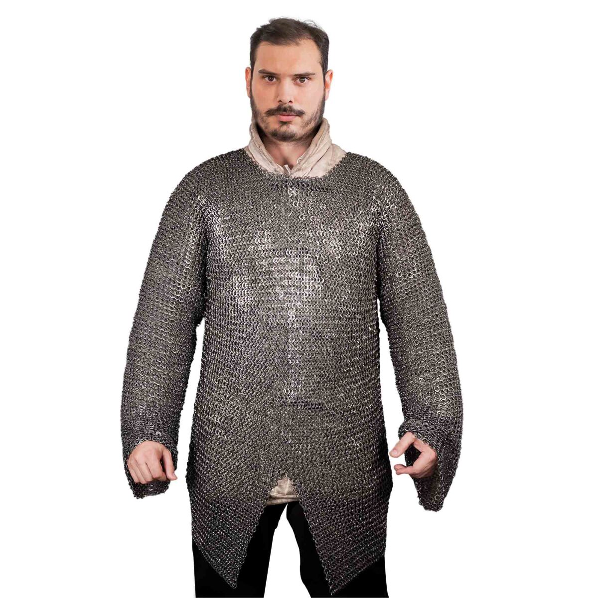 langarm Kettenhemd Flachringe Hauberk, vernietet 4-in-1, ID 9 mm, Stahl blank