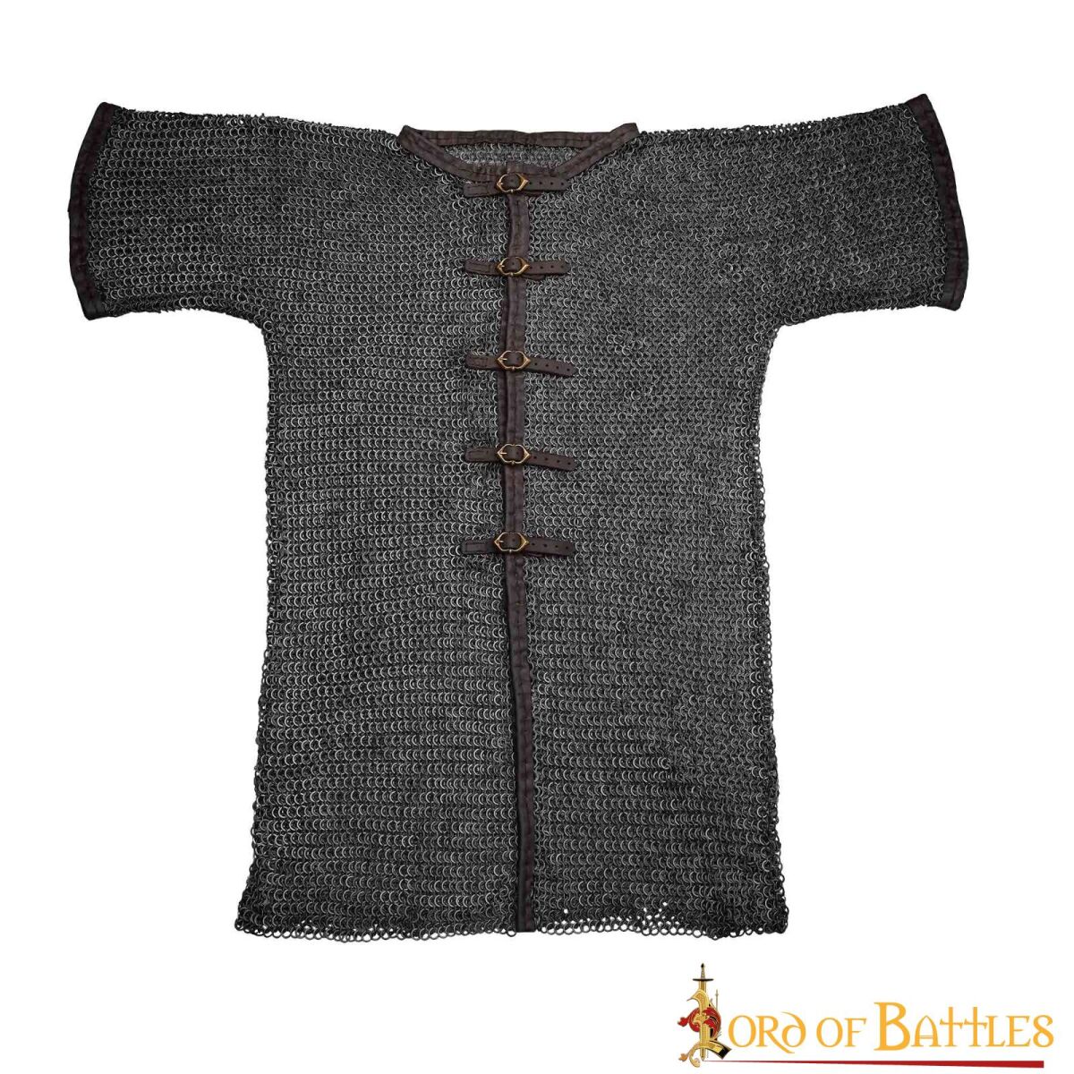 Kurzarm Kettenhemd mit Ledereinfassung und Lederriemen mit Messingschnallen ID 9mm - XL