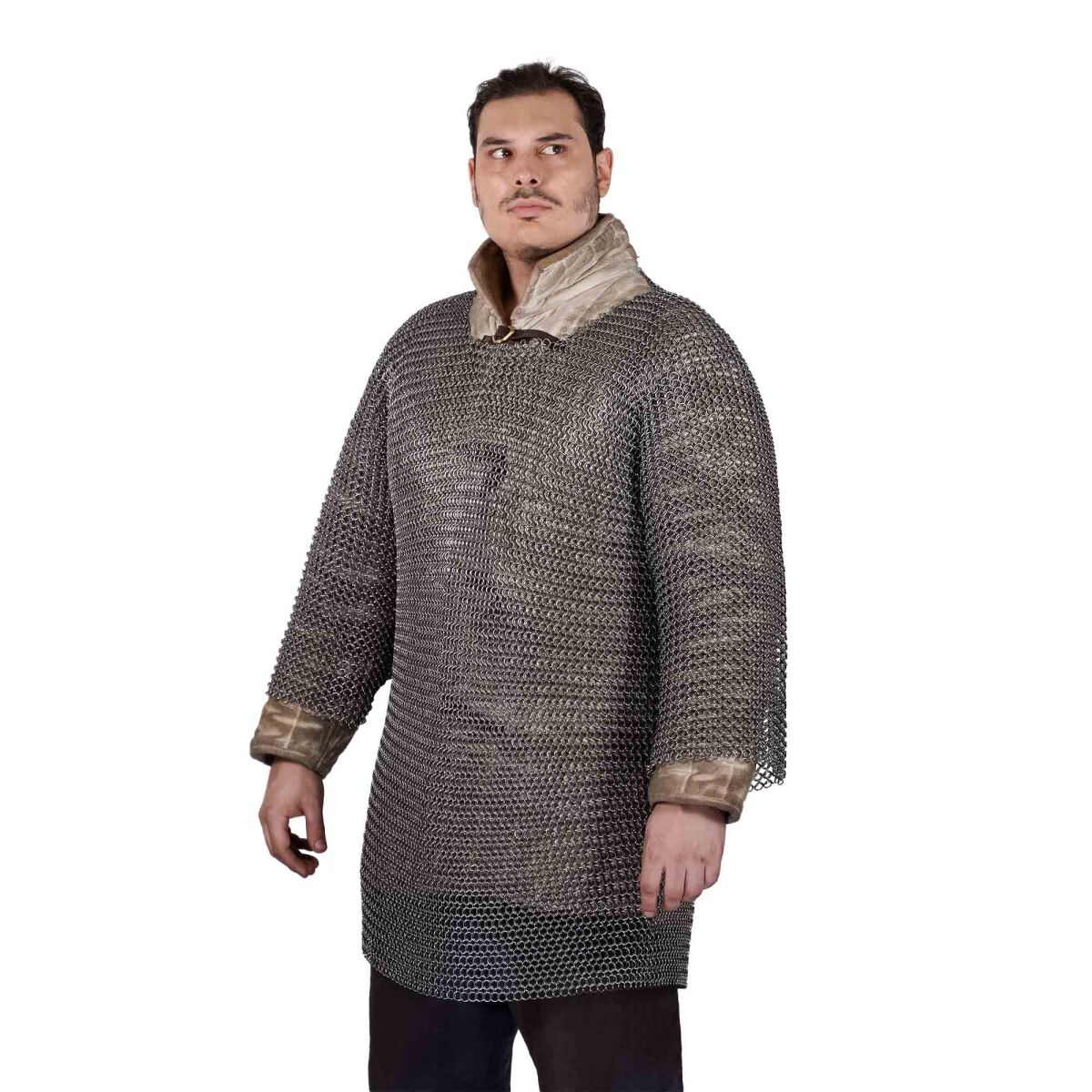 Rundring Kettenhemd mittelalterliches Halbarmhemd Haubergeon, unvernietet, ID 9 mm, Federstahl - XXL