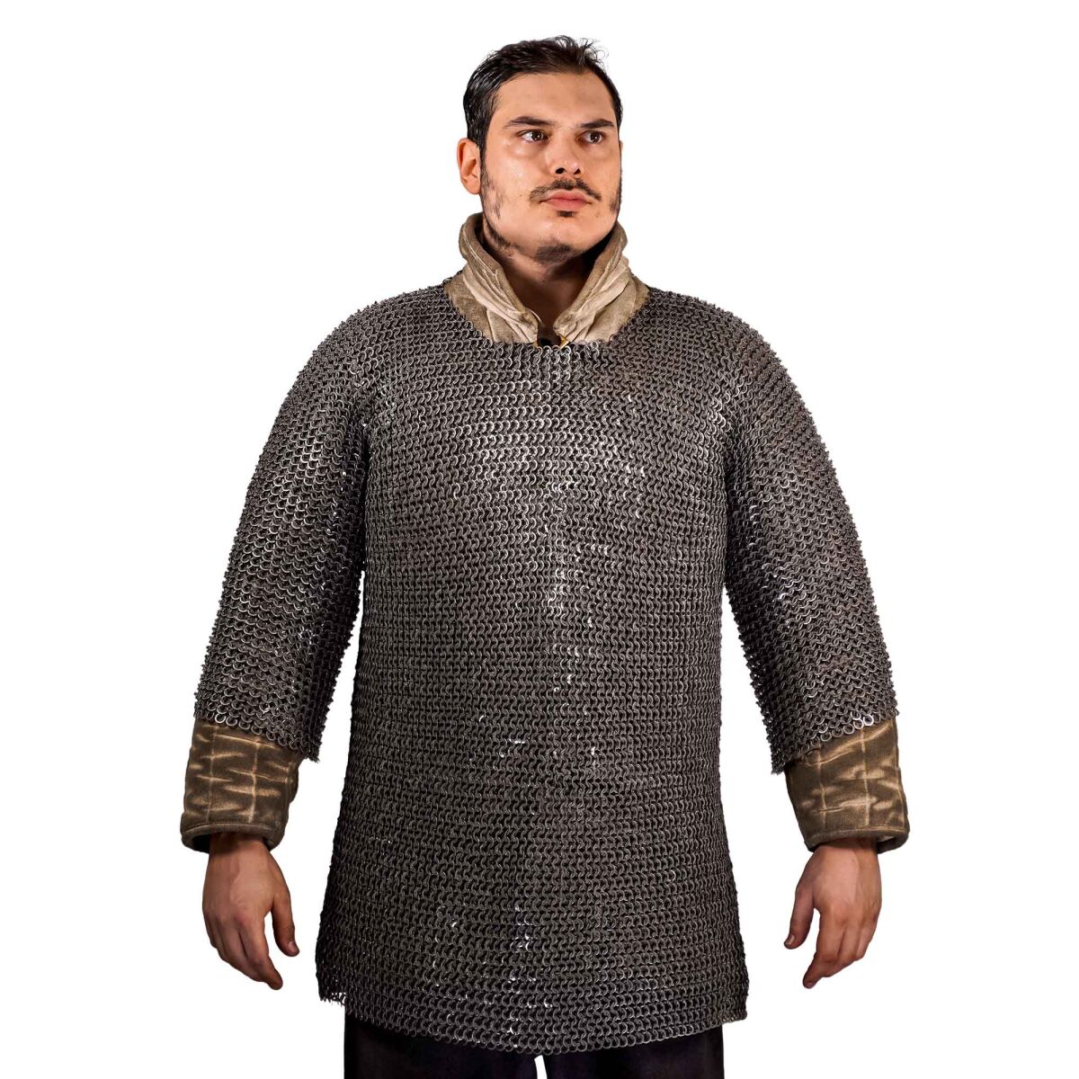 Flachring Kettenhemd Halbarmhemd Haubergeon, vernietet 4-in-1, Id 9 mm, Kohlenstoffstahl - XXL