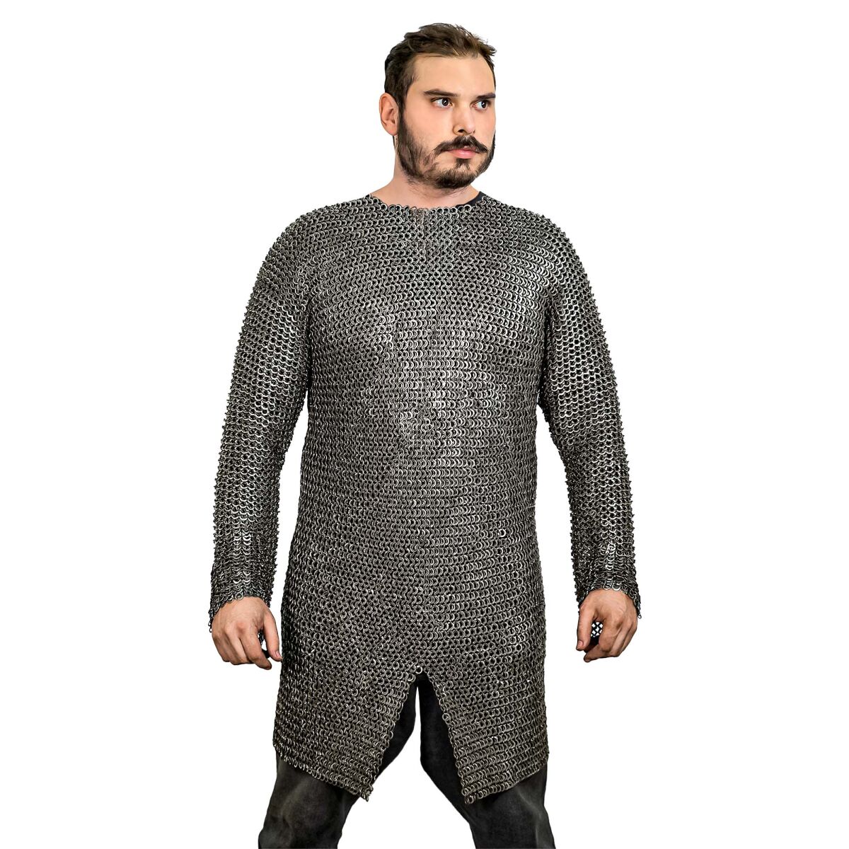 langarm Kettenhemd Flachringe Hauberk, vernietet 4-in-1, ID 9 mm, Edelstahl - XXL
