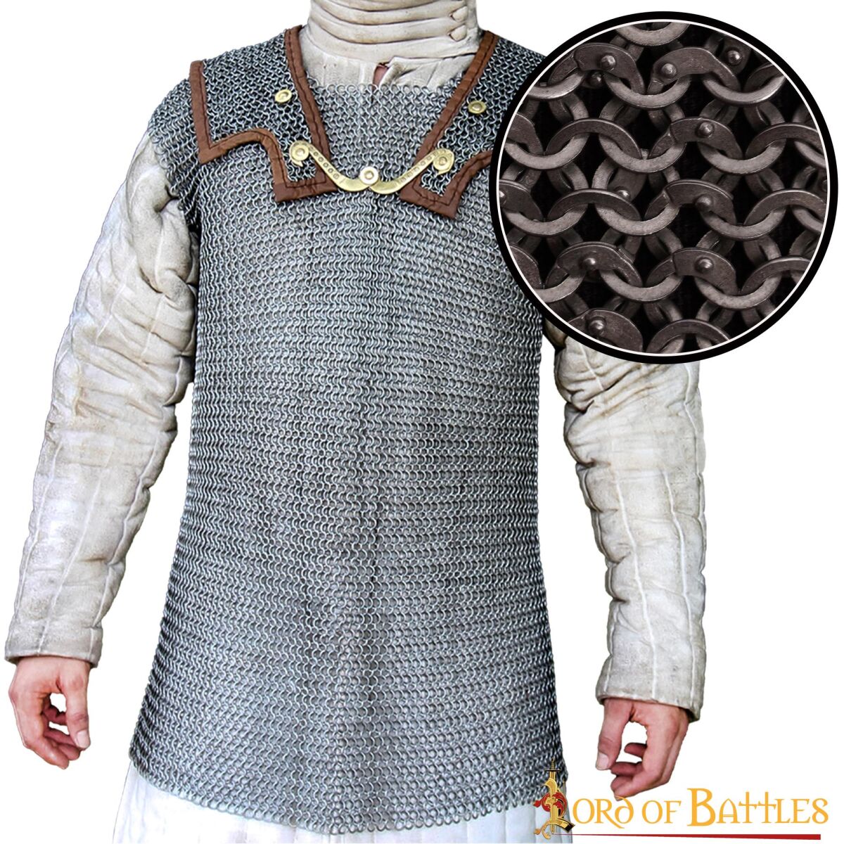 Römisches Kettenhemd Lorica Hamata, Flachring vernietet 4-in-1, ID 6 mm, Stahl blank - XL