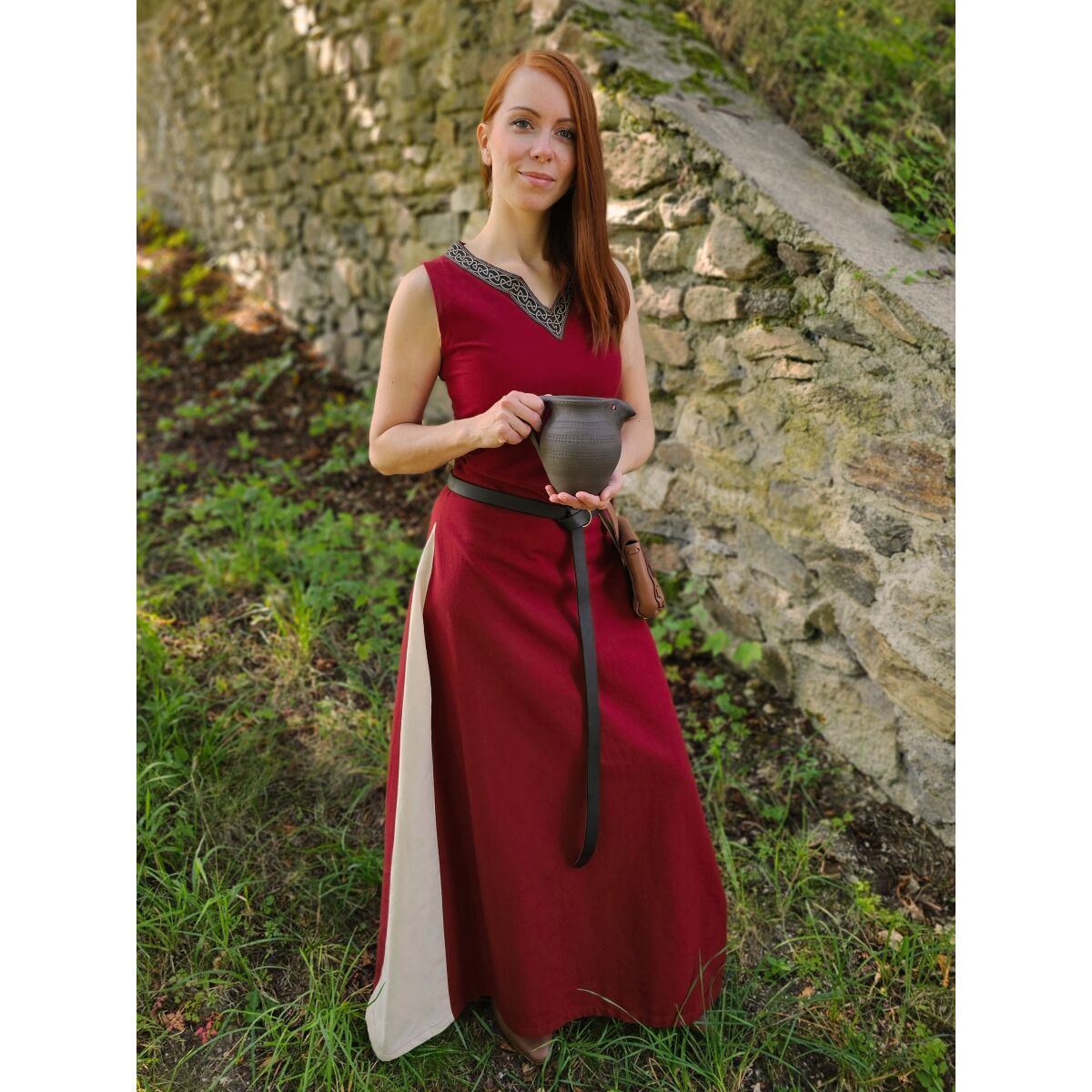 Mittelalter Kleid mit Schnürung ärmellos Rot / Natur "Juta" XXXL