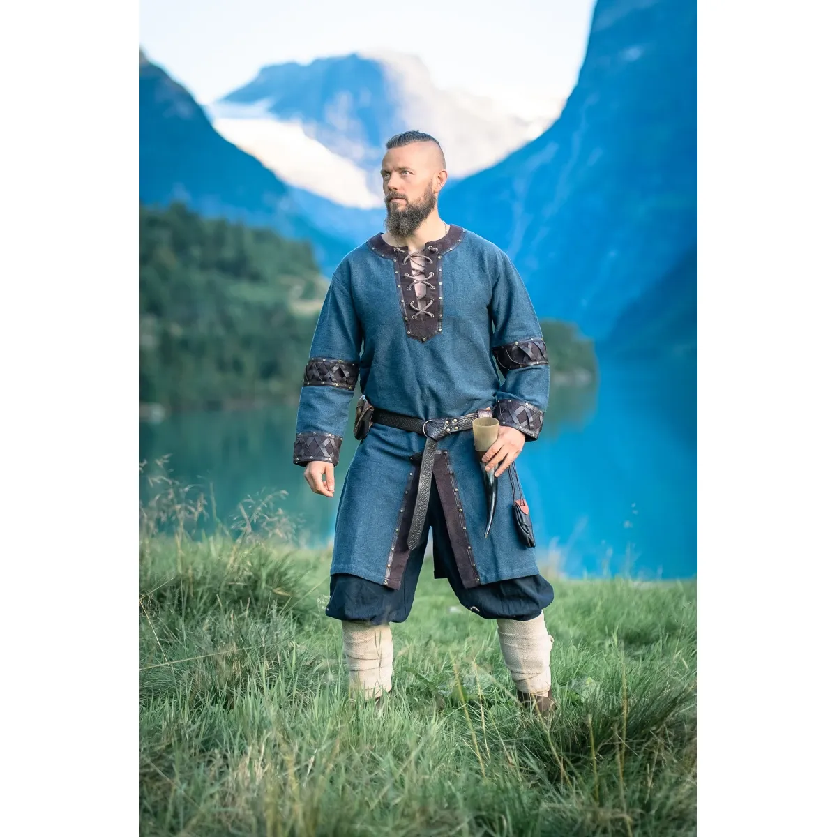 Wikinger Tunika blau Lederapplikationen Herren "Leif" M