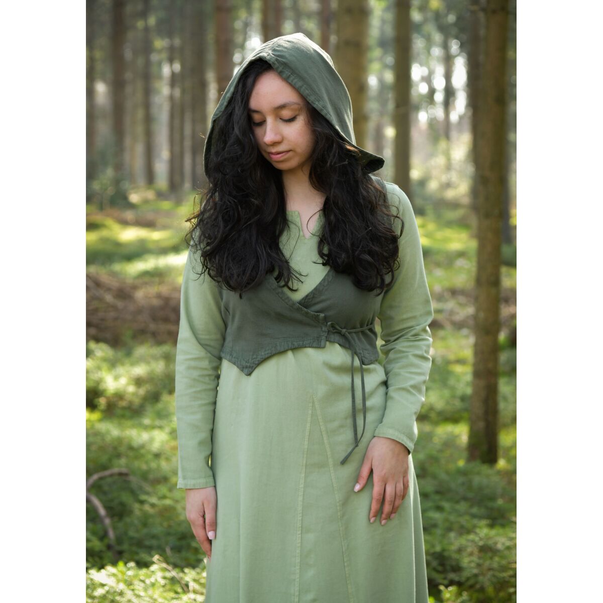 Mittelalter Damen Weste olivgrün Kapuze Used-Look "Nalen" XL