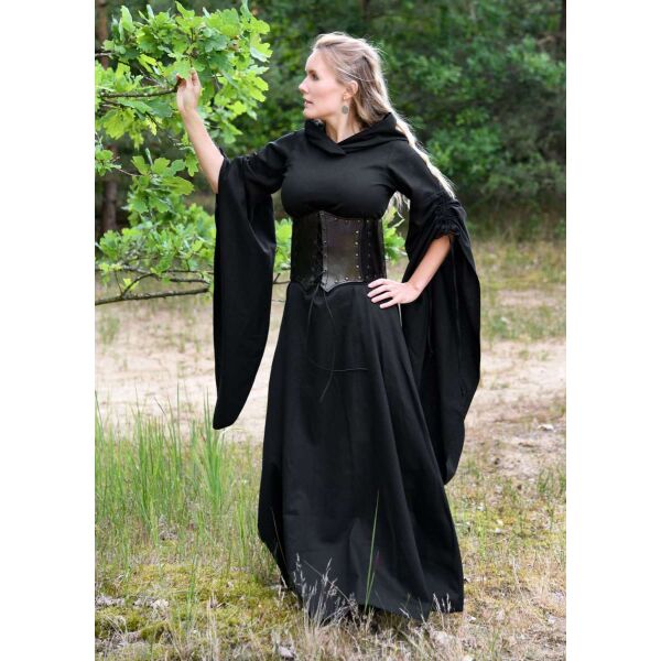 Mittelalter Kleid mit Trompetenärmeln, schwarz „Isra“ XL, B-Ware