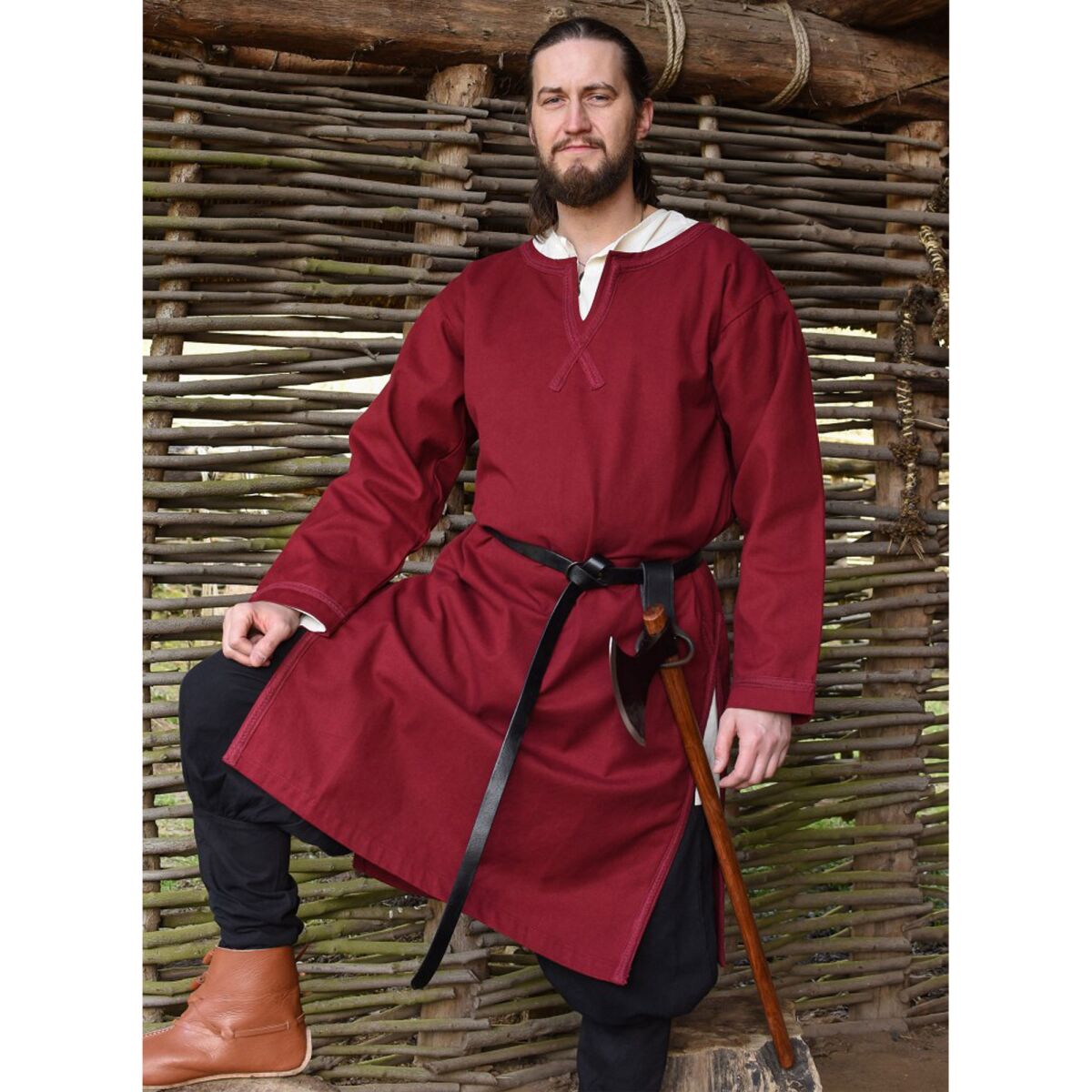 Mittelalter Tunika Albrecht mit Borte, langarm, weinrot XXL